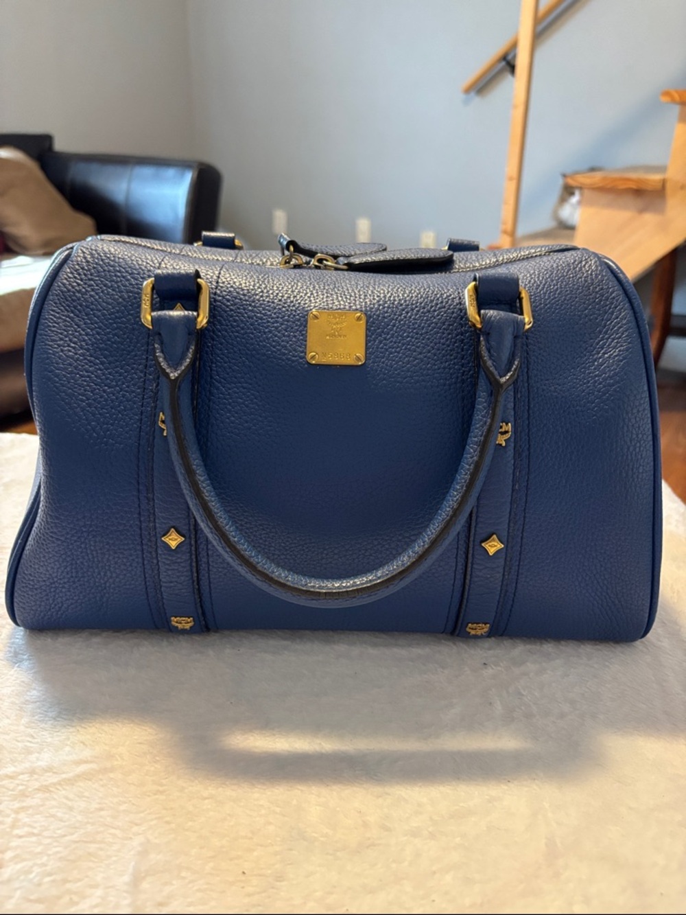 MCM Navy Pebbled Leather Satchel with Gold Accents